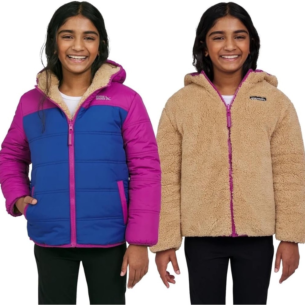 Eddie Bauer Kids Reversible Puffer Jacket - Pink Blue and Tan Size M 10-12